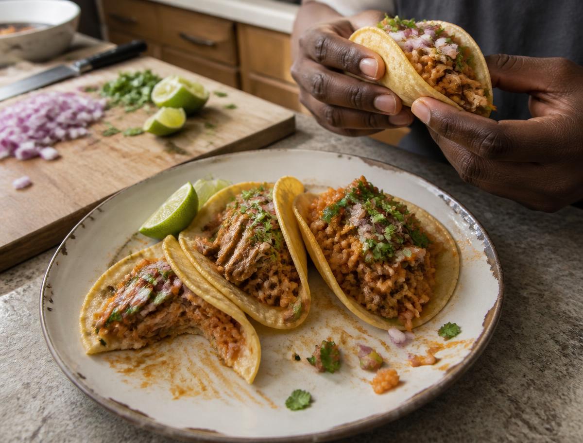 Soft corn tortillas filled with jollof rice, grilled chicken, pickled onion and cilantro