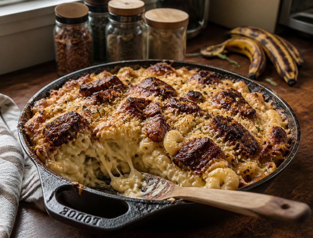 Skillet of creamy mac and cheese topped with spiced kelewele plantain cubes