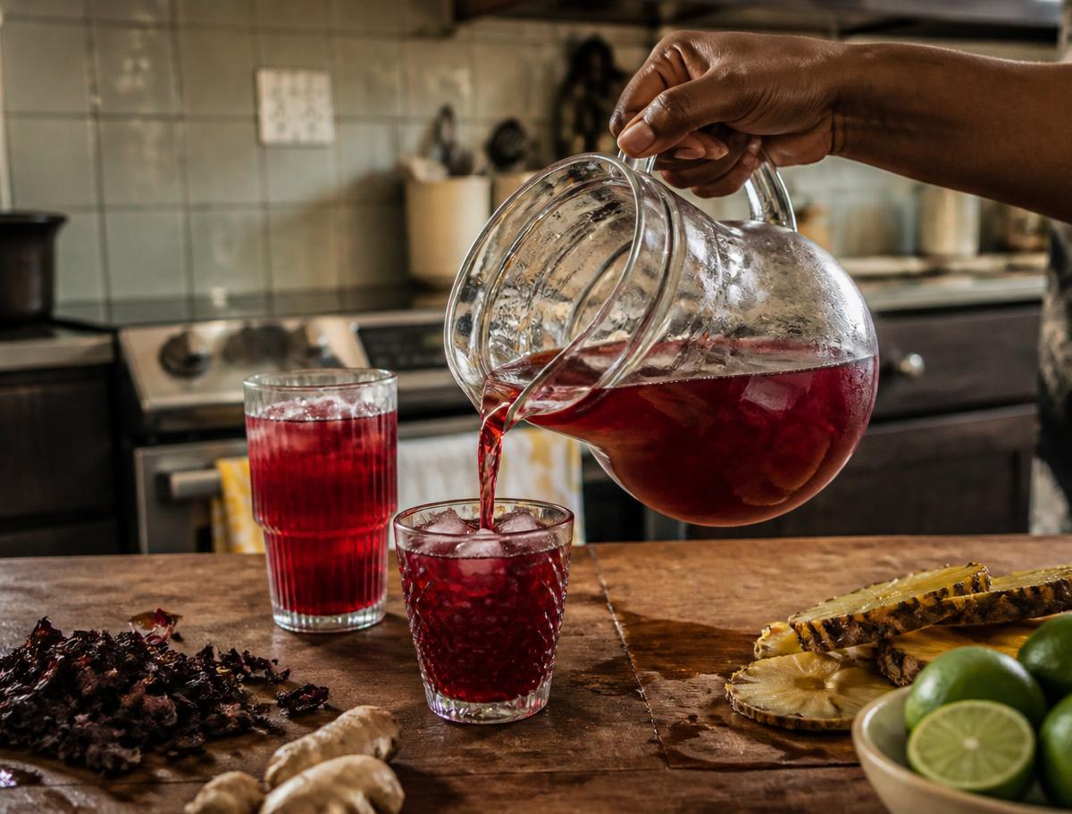 Tall glass of deep red hibiscus sobolo drink with ice and pineapple